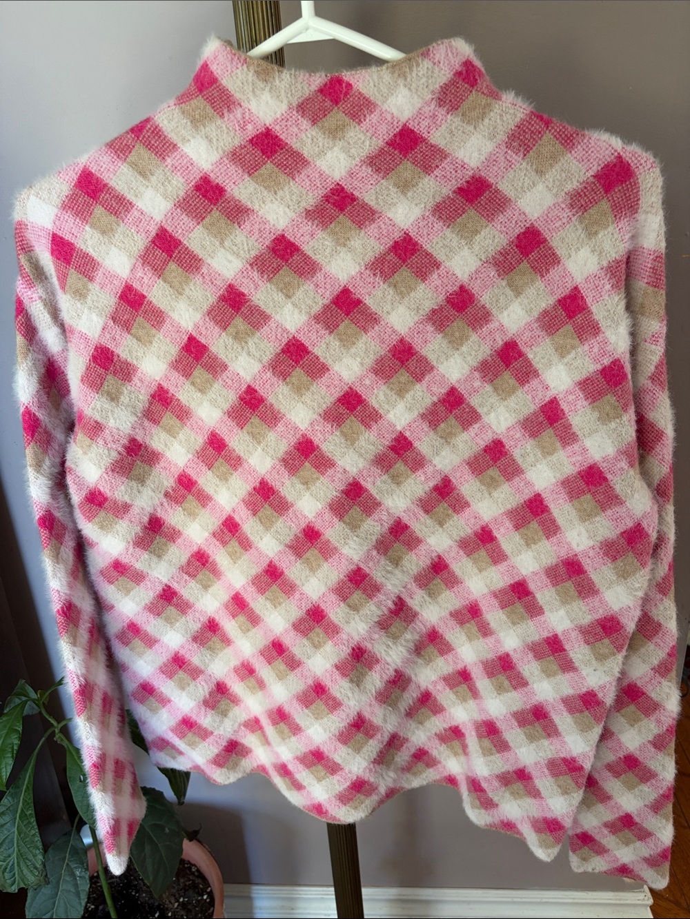 Tahari Pink and Cream Plaid Turtleneck Sweater